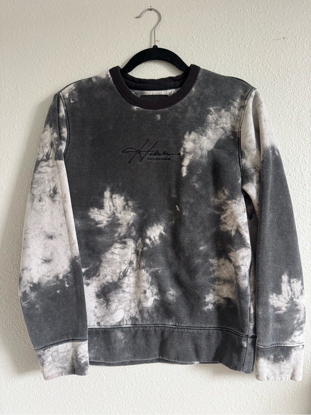 XS Hollister crewneck sweatshirt, a black and gray tie-dye wash oversized